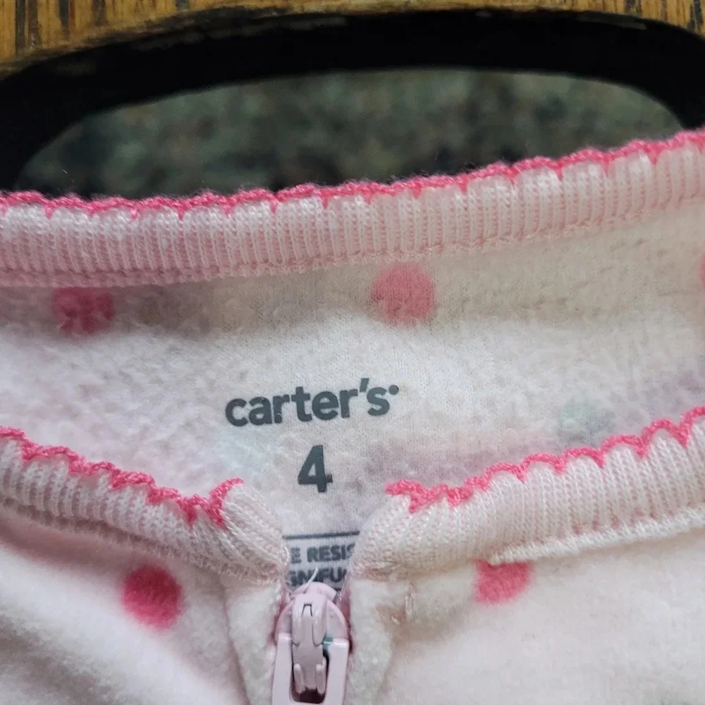 Carter's Pink Polka Dot Penguin Footed Fleece Zip-Up Pajamas Size Girls 4